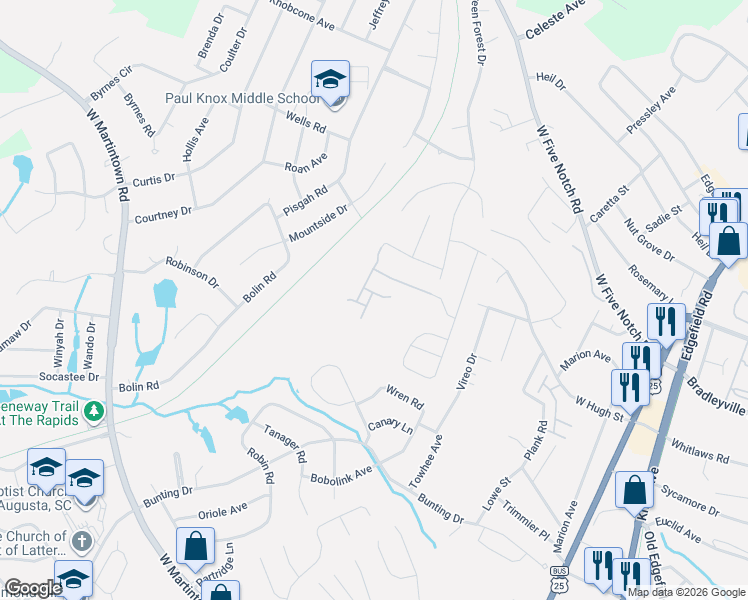 map of restaurants, bars, coffee shops, grocery stores, and more near 121 Cascade Drive in North Augusta