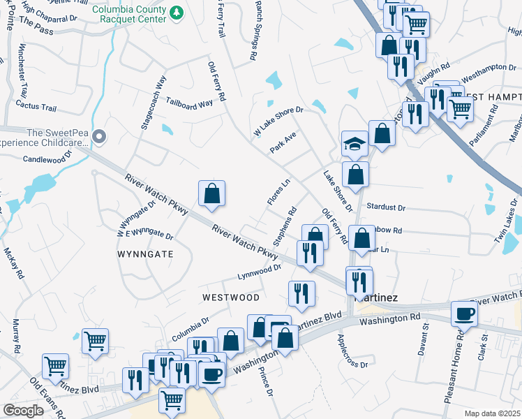 map of restaurants, bars, coffee shops, grocery stores, and more near 213 Flores Lane in Martinez