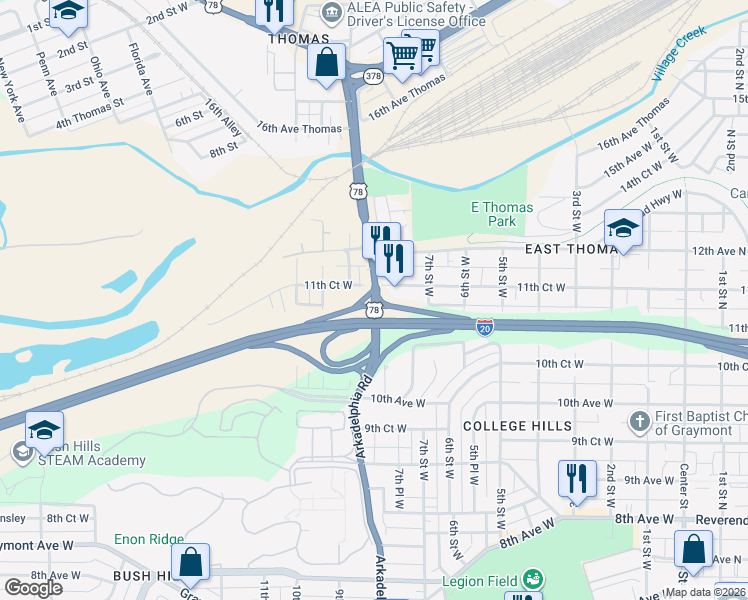 map of restaurants, bars, coffee shops, grocery stores, and more near Arkadelphia Road in Birmingham