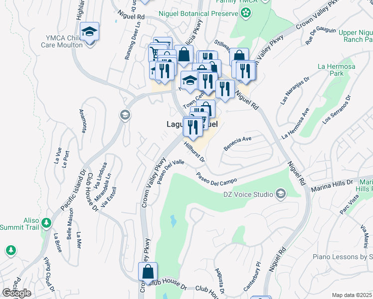 map of restaurants, bars, coffee shops, grocery stores, and more near 23732 Hillhurst Drive in Laguna Niguel