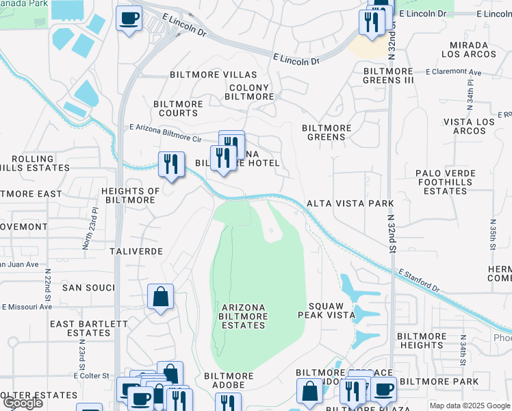 map of restaurants, bars, coffee shops, grocery stores, and more near 2 Biltmore Estates Drive in Phoenix