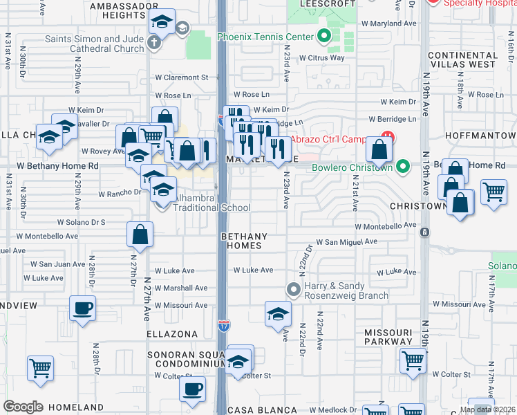 map of restaurants, bars, coffee shops, grocery stores, and more near 2340 West Solano Drive in Phoenix