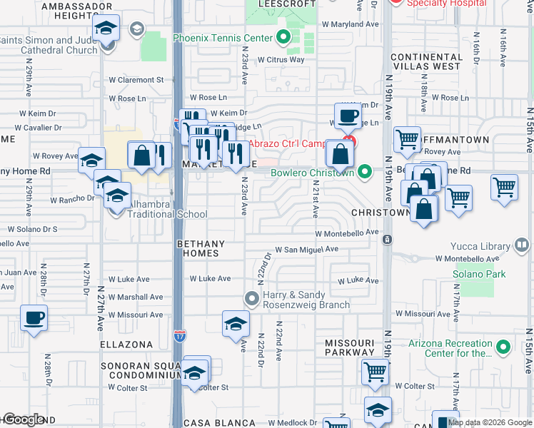 map of restaurants, bars, coffee shops, grocery stores, and more near 2218 West Rancho Drive in Phoenix