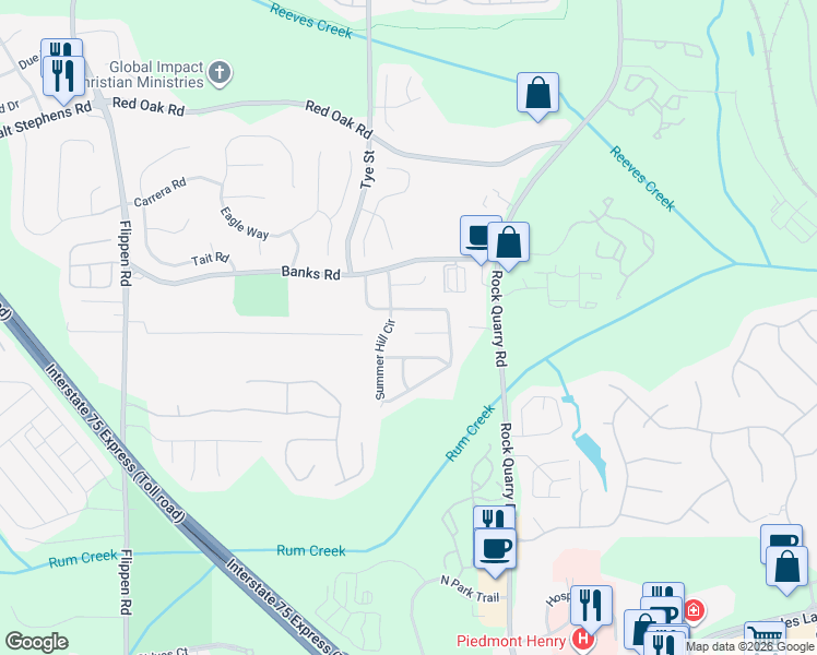 map of restaurants, bars, coffee shops, grocery stores, and more near 824 Lorraine Lane in Stockbridge
