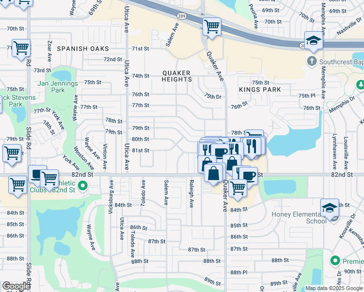 map of restaurants, bars, coffee shops, grocery stores, and more near 4427 79th Street in Lubbock