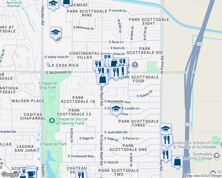 map of restaurants, bars, coffee shops, grocery stores, and more near 5877 North Granite Reef Road in Scottsdale