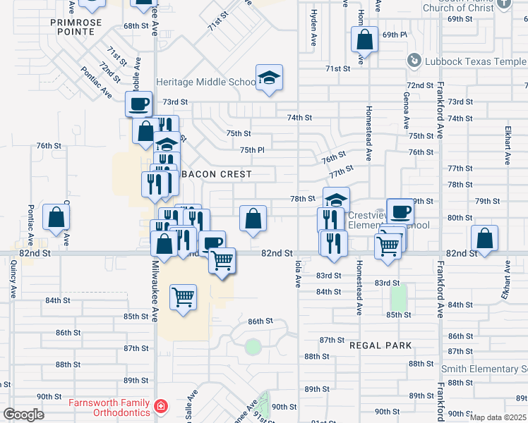 map of restaurants, bars, coffee shops, grocery stores, and more near 6116 79th St in Lubbock