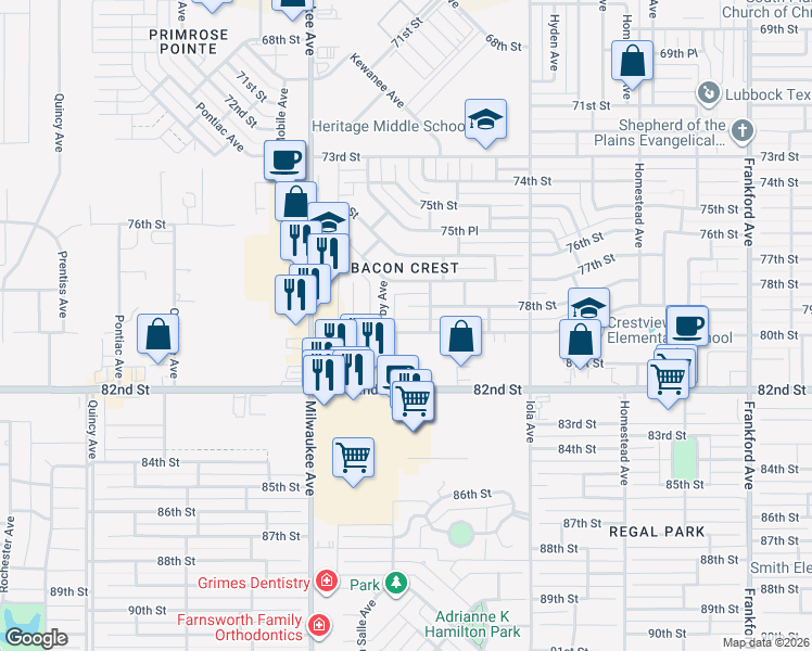 map of restaurants, bars, coffee shops, grocery stores, and more near 6310 79th Street in Lubbock
