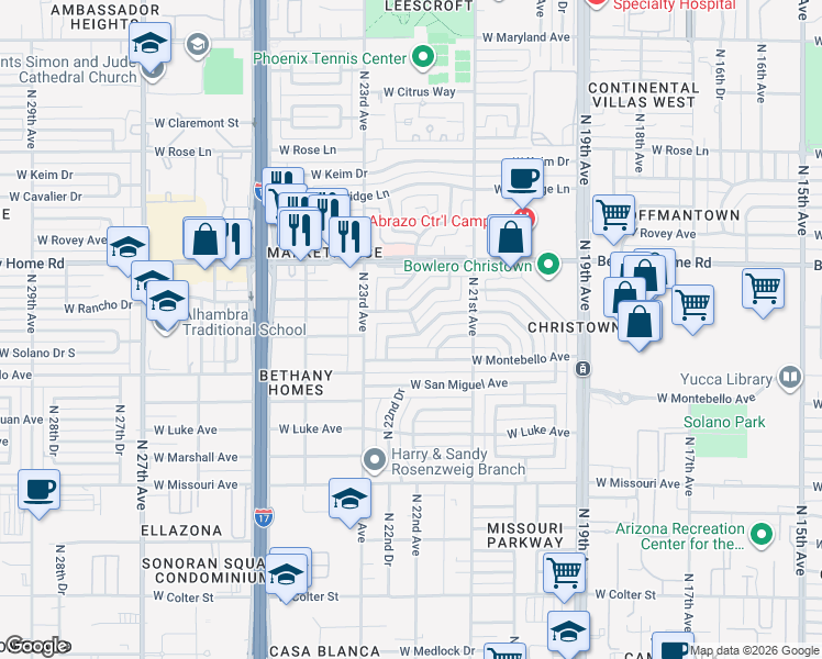 map of restaurants, bars, coffee shops, grocery stores, and more near 2218 West Rancho Drive in Phoenix