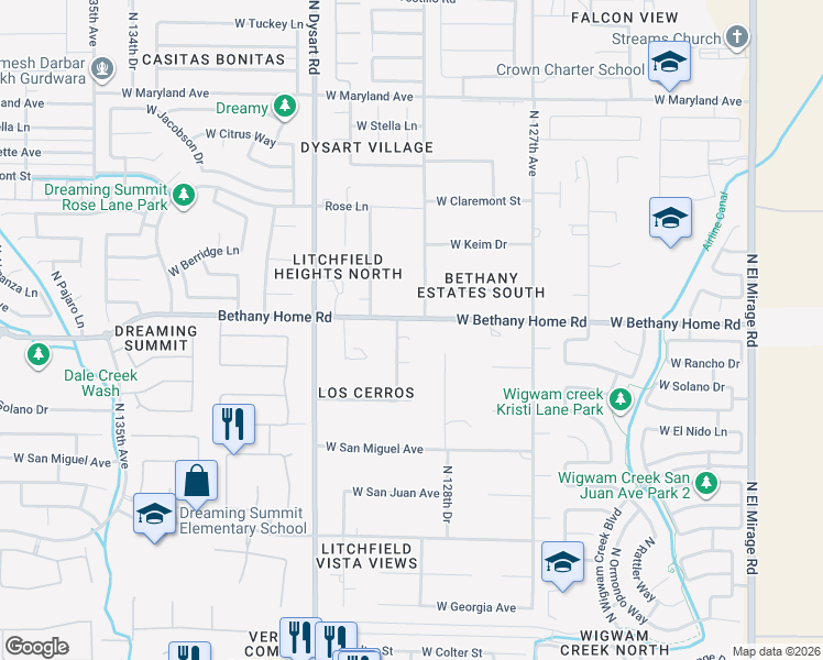 map of restaurants, bars, coffee shops, grocery stores, and more near 12825 West Bethany Home Road in Litchfield Park