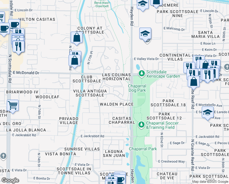 map of restaurants, bars, coffee shops, grocery stores, and more near 7950 East Starlight Way in Scottsdale