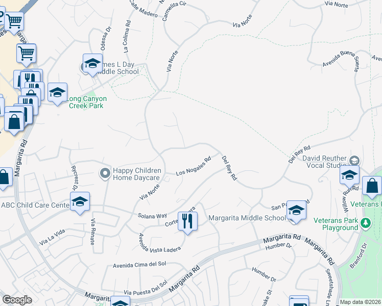 map of restaurants, bars, coffee shops, grocery stores, and more near 29935 Del Rey Road in Temecula