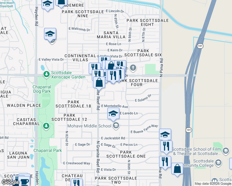 map of restaurants, bars, coffee shops, grocery stores, and more near 5841 North Granite Reef Road in Scottsdale