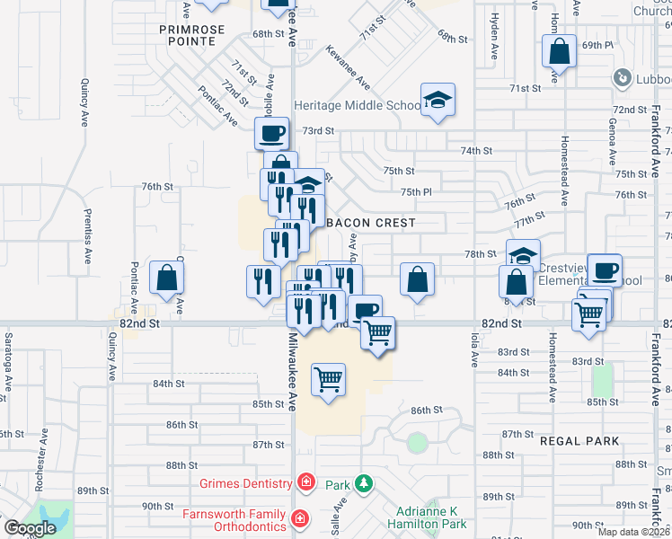 map of restaurants, bars, coffee shops, grocery stores, and more near 7709 La Salle Avenue in Lubbock
