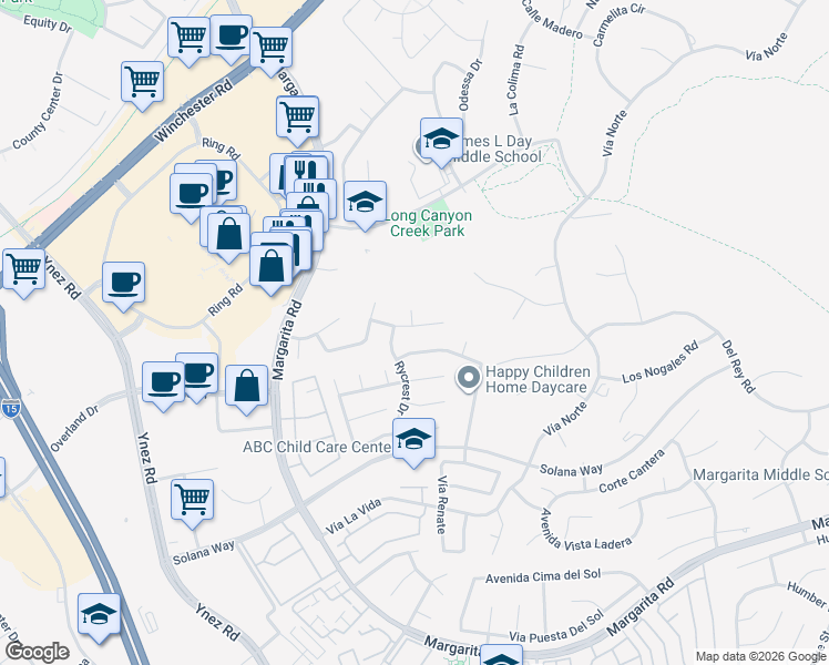 map of restaurants, bars, coffee shops, grocery stores, and more near 29729 Windwood Circle in Temecula
