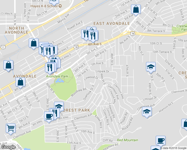 map of restaurants, bars, coffee shops, grocery stores, and more near 4340 Overlook Drive South in Birmingham
