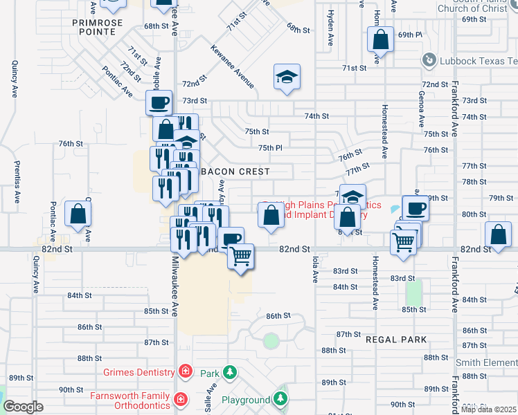 map of restaurants, bars, coffee shops, grocery stores, and more near 6128 79th Street in Lubbock