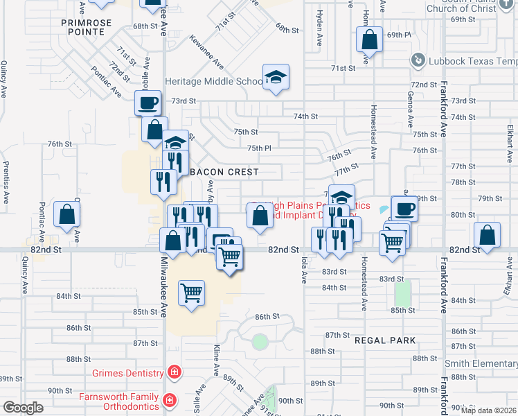 map of restaurants, bars, coffee shops, grocery stores, and more near 6116 79th Street in Lubbock