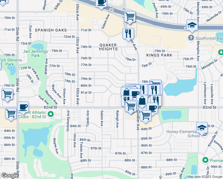 map of restaurants, bars, coffee shops, grocery stores, and more near 4427 79th Street in Lubbock