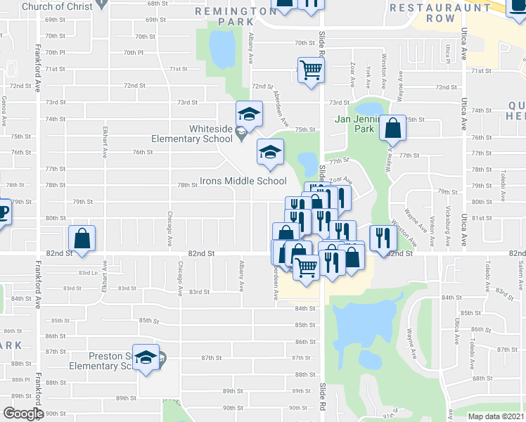 map of restaurants, bars, coffee shops, grocery stores, and more near 7722 Albany Avenue in Lubbock