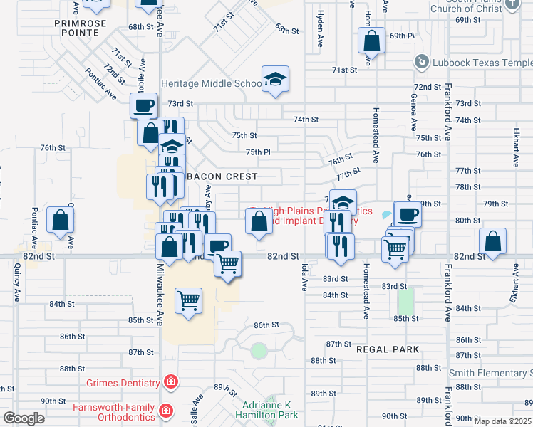 map of restaurants, bars, coffee shops, grocery stores, and more near 6116 79th Street in Lubbock