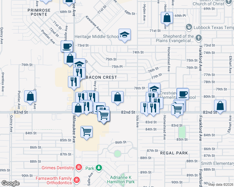map of restaurants, bars, coffee shops, grocery stores, and more near 6116 79th Street in Lubbock