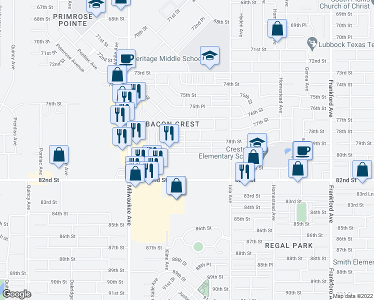 map of restaurants, bars, coffee shops, grocery stores, and more near 6128 79th Street in Lubbock