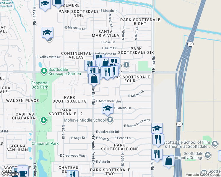 map of restaurants, bars, coffee shops, grocery stores, and more near 5841 North Granite Reef Road in Scottsdale