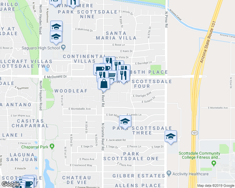 map of restaurants, bars, coffee shops, grocery stores, and more near 5877 North Granite Reef Road in Scottsdale