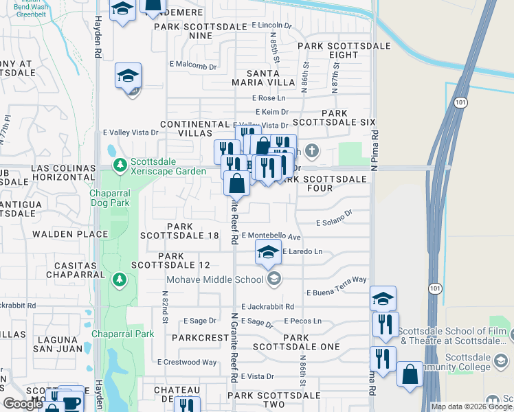 map of restaurants, bars, coffee shops, grocery stores, and more near 5877 North Granite Reef Road in Scottsdale