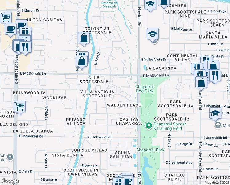 map of restaurants, bars, coffee shops, grocery stores, and more near 7950 East Starlight Way in Scottsdale