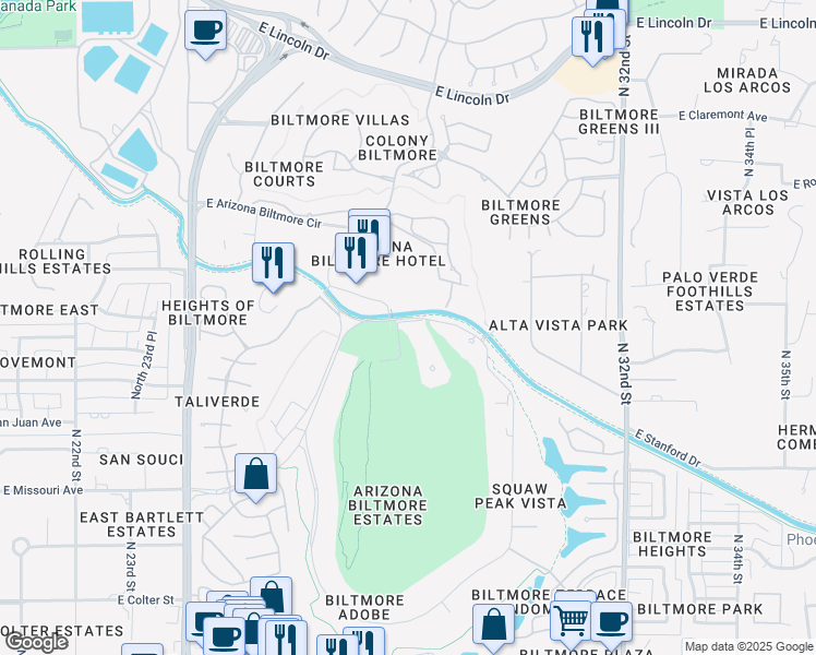 map of restaurants, bars, coffee shops, grocery stores, and more near 2 Biltmore Estates Drive in Phoenix