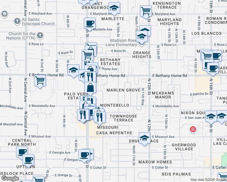 map of restaurants, bars, coffee shops, grocery stores, and more near 5750 North 10th Street in Phoenix