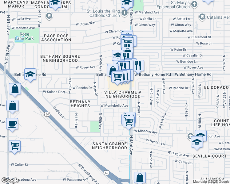 map of restaurants, bars, coffee shops, grocery stores, and more near 5745 North 44th Avenue in Glendale