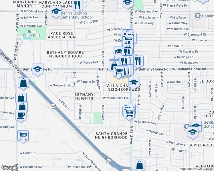 map of restaurants, bars, coffee shops, grocery stores, and more near 4447 West Rancho Drive in Glendale