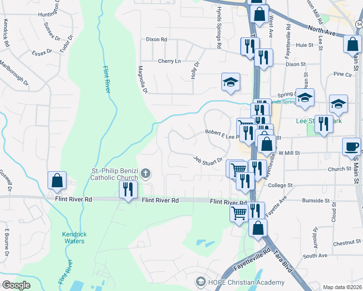 map of restaurants, bars, coffee shops, grocery stores, and more near 8425 Chickamauga Court in Jonesboro