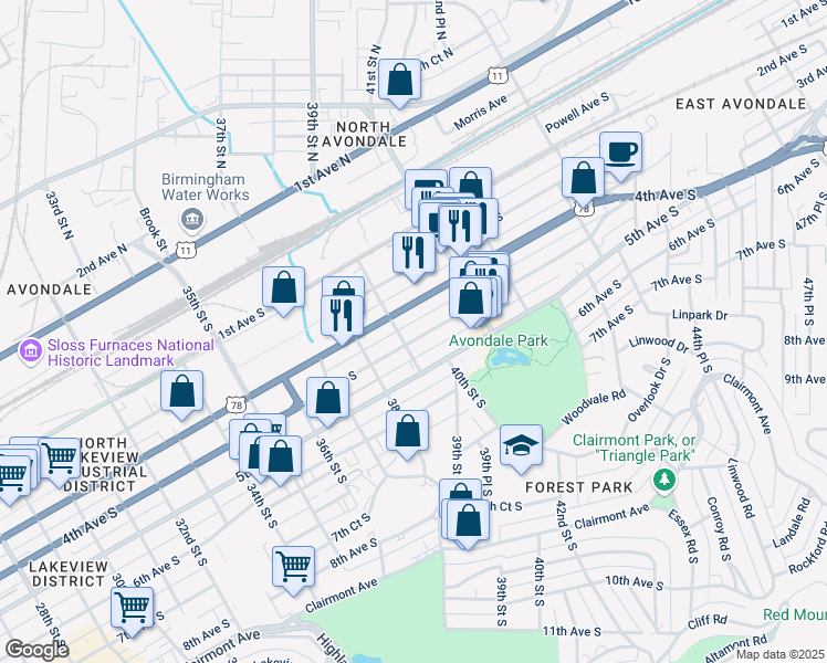 map of restaurants, bars, coffee shops, grocery stores, and more near 3924 4th Avenue South in Birmingham