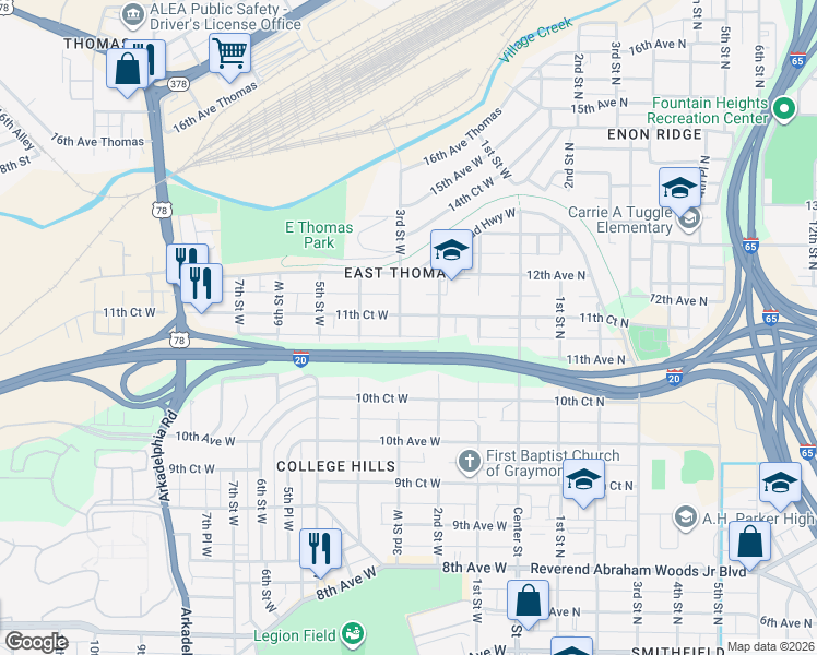 map of restaurants, bars, coffee shops, grocery stores, and more near 301 11th Court West in Birmingham