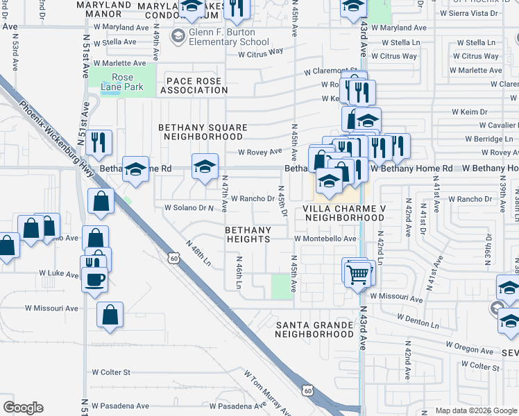 map of restaurants, bars, coffee shops, grocery stores, and more near 4550 West Solano Drive North in Glendale