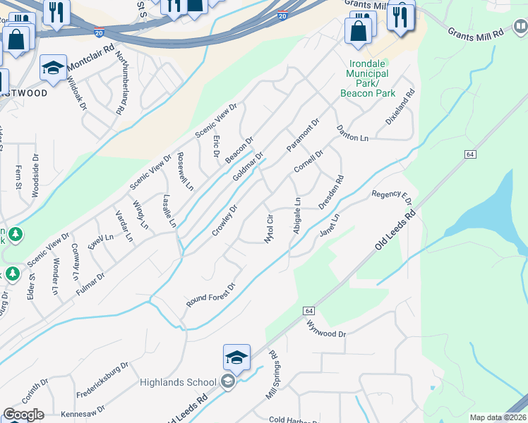map of restaurants, bars, coffee shops, grocery stores, and more near 5175 Cornell Drive in Irondale