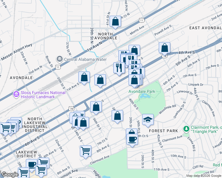 map of restaurants, bars, coffee shops, grocery stores, and more near 304 39th Street South in Birmingham