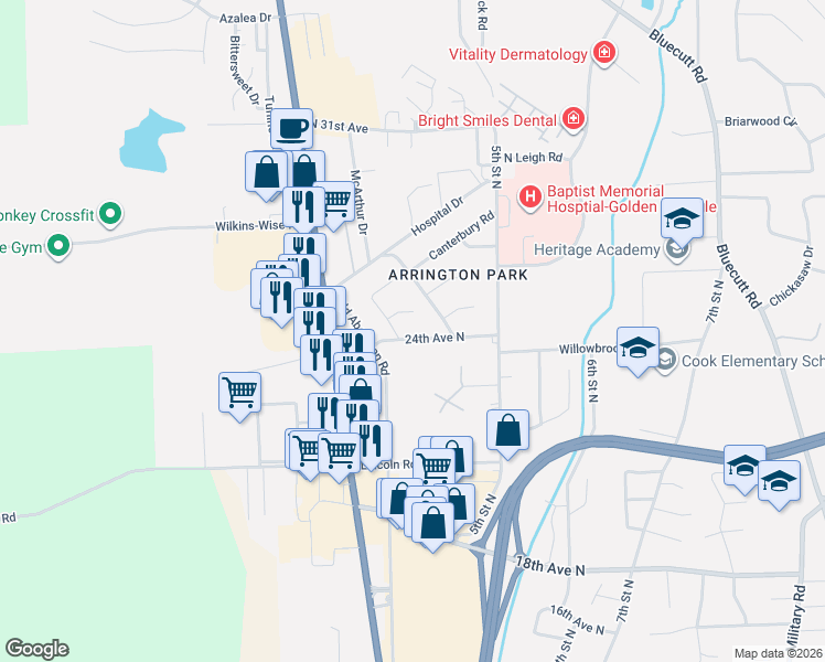 map of restaurants, bars, coffee shops, grocery stores, and more near 2402 Magnolia Cir in Columbus