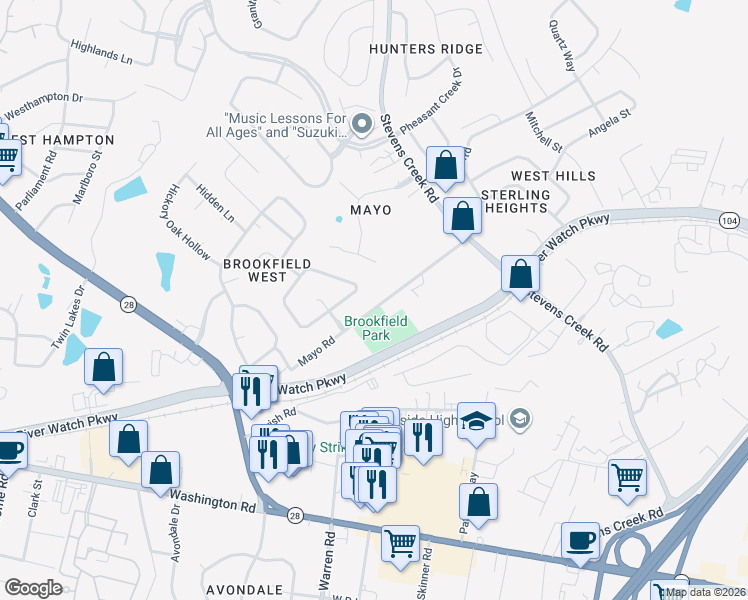 map of restaurants, bars, coffee shops, grocery stores, and more near 2735 Mayo Road in Augusta