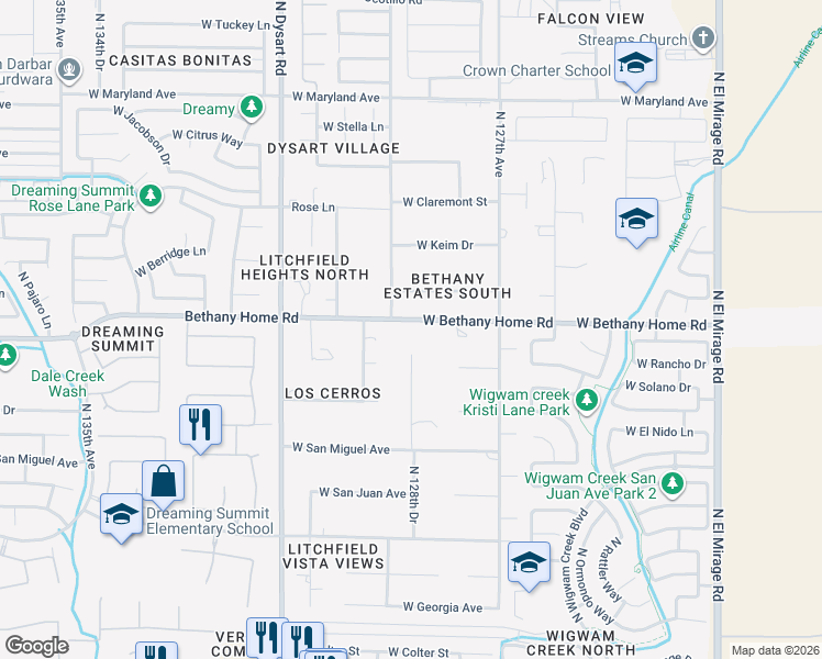 map of restaurants, bars, coffee shops, grocery stores, and more near 12825 West Bethany Home Road in Litchfield Park