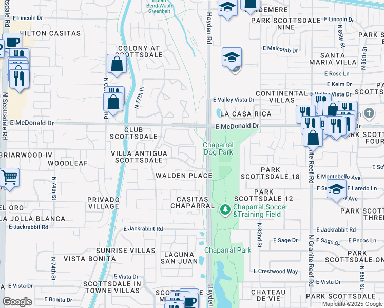 map of restaurants, bars, coffee shops, grocery stores, and more near 7950 East Starlight Way in Scottsdale