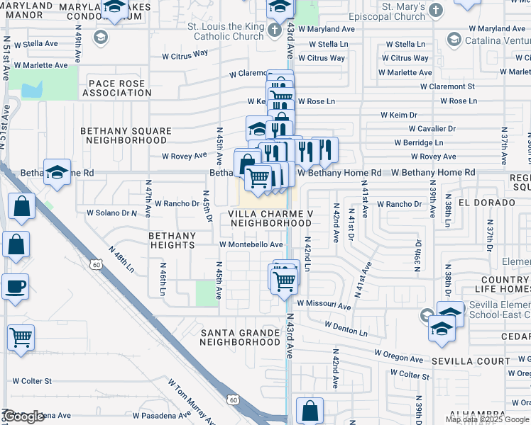 map of restaurants, bars, coffee shops, grocery stores, and more near 5745 North 44th Avenue in Glendale