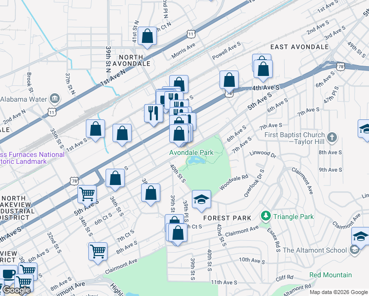 map of restaurants, bars, coffee shops, grocery stores, and more near 4036 5th Avenue South in Birmingham