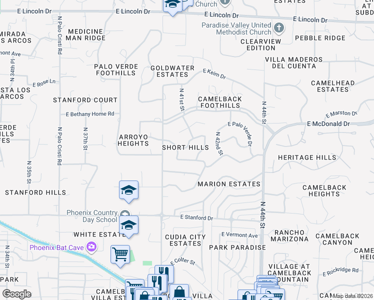 map of restaurants, bars, coffee shops, grocery stores, and more near 4039 East Rancho Drive in Phoenix