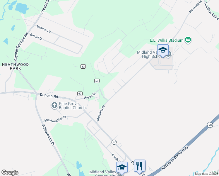 map of restaurants, bars, coffee shops, grocery stores, and more near 328 Mustang Drive in Graniteville