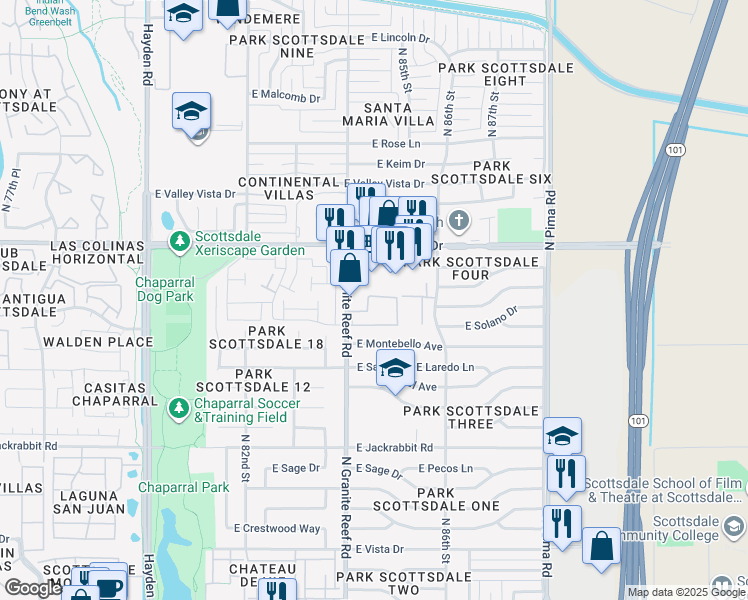 map of restaurants, bars, coffee shops, grocery stores, and more near 5877 North Granite Reef Road in Scottsdale